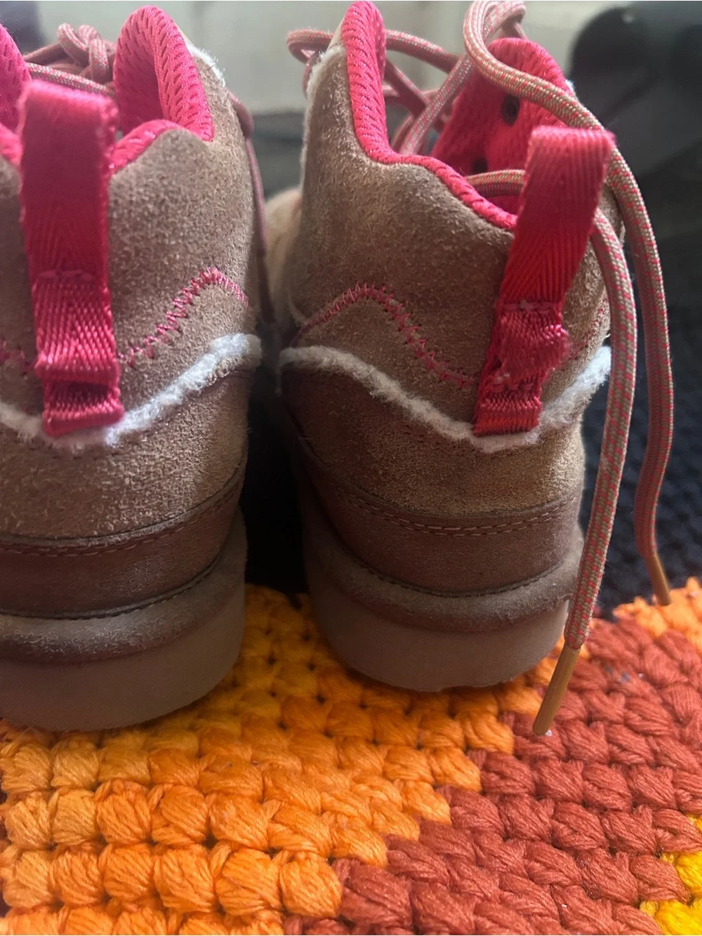 UGG Kids Brown Suede Boots with Pink Laces and Stitching